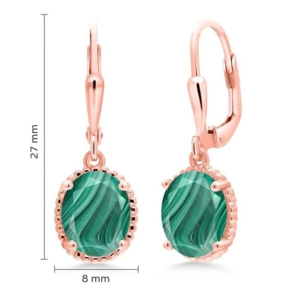 18K Rose Gold 925 with 5.00 Cttw Malachite Oval Leverback Hook Earrings
